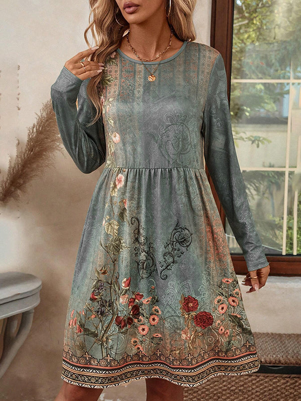 Flower Print Pleated Split-Joint A-line Long Sleeves Round-neck Mini Dresses
