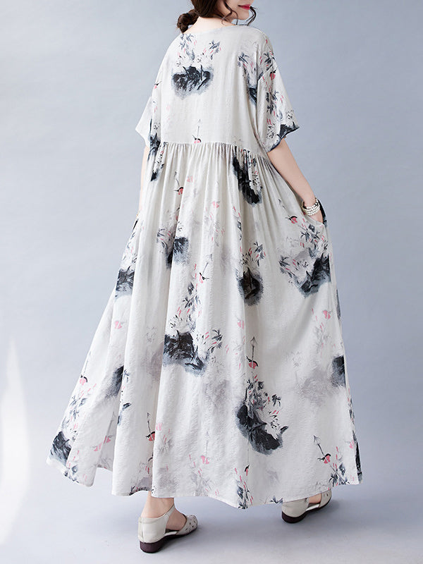 Pleated Printed Split-Joint Loose Short Sleeves Round-neck Midi Dresses