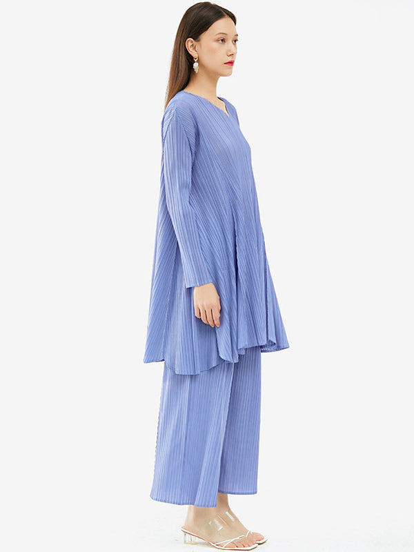 Urban Pleated Solid Color V-Neck Long Sleeves T-Shirt&Flared Pantstwo Pieces Set