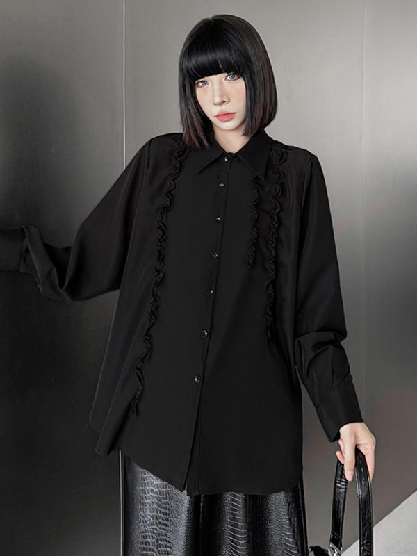 Buttoned Falbala Ruffled Solid Color Split-Joint Hipster Long Sleeves Lapel Blouses&shirts Tops