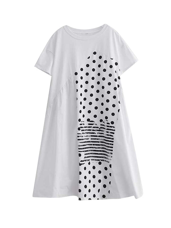 Asymmetric Pockets Polka-Dot Split-Joint A-Line Loose Round-Neck Midi Dresses