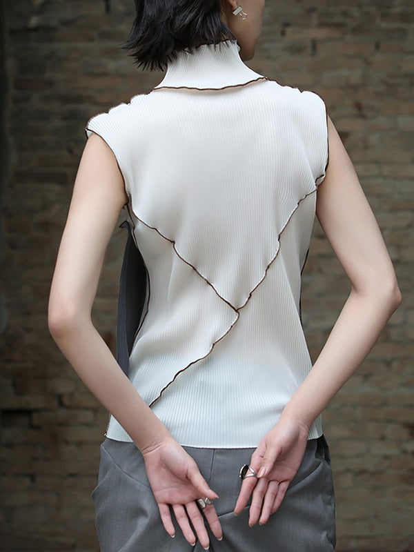 Asymmetric Color-Block Pleated Split-Joint Skinny Sleeveless High-Neck Vest Top