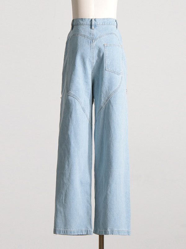 Hollow Rhine Stones High Waisted Loose Jean Pants Bottoms