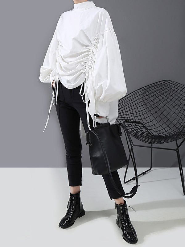 Drawstring Cropped Loose Stand Collar Shirt