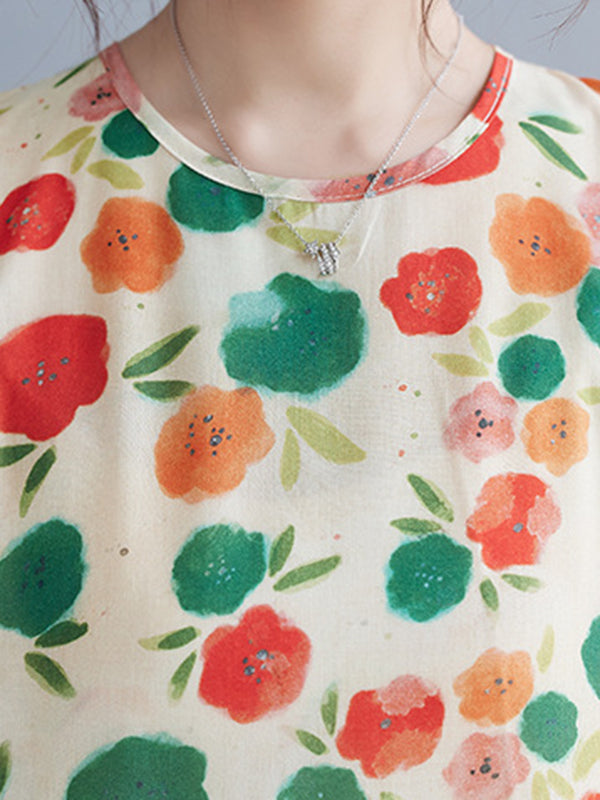 Floral Printed Pleated Split-Joint Loose Sleeveless Round-Neck Midi Dresses