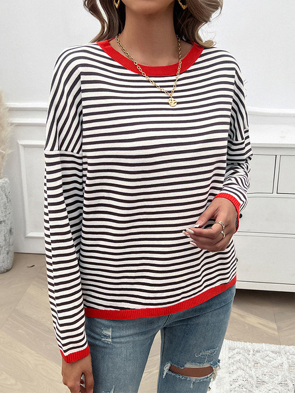 Split-Joint Striped Long Sleeves Loose Round-Neck Sweater Tops Pullovers