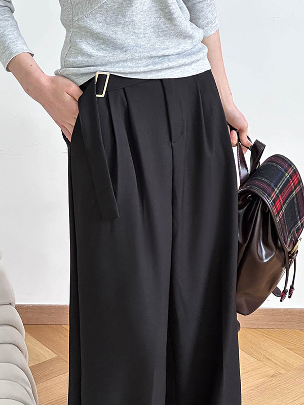 Belt Buckle Solid Color High Waisted Loose Trousers Suit Pants