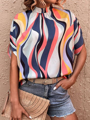 Pleated Printed Tied Batwing Sleeves Half Sleeves Mock Neck Blouses&Shirts Tops