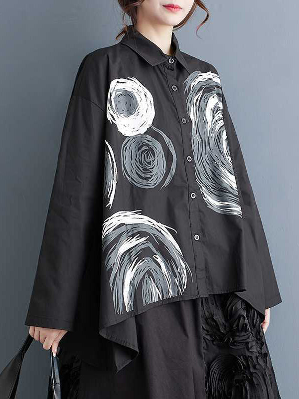 Asymmetric Printed Split-Joint Long Sleeves Loose Lapel Blouses