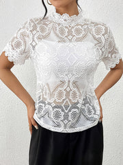 Hollow See-Through Solid Color Split-Joint Loose Short Sleeves Mock Neck T-Shirts Tops