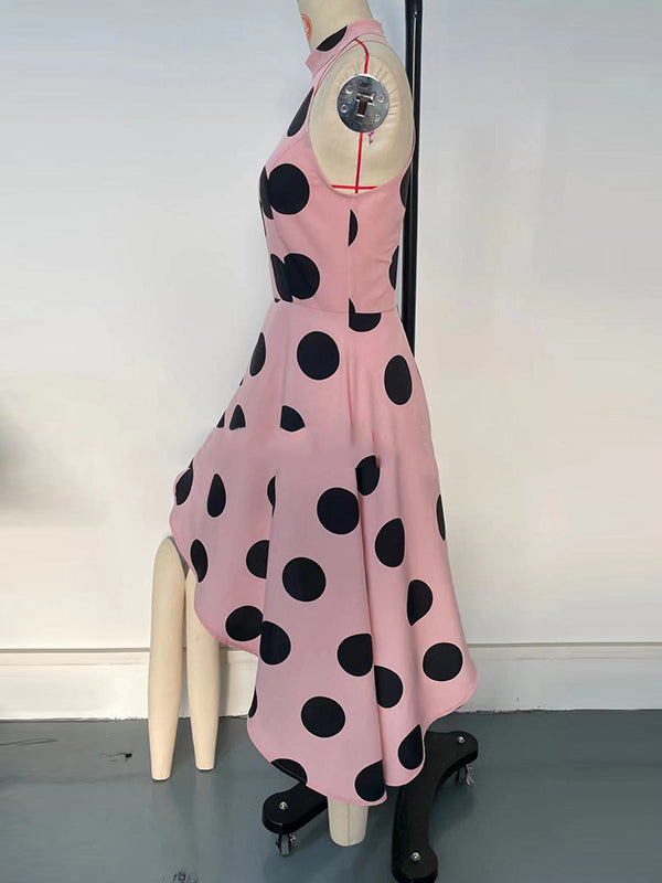 Asymmetric Polka-Dot Loose Sleeveless Halter-Neck Midi Dresses