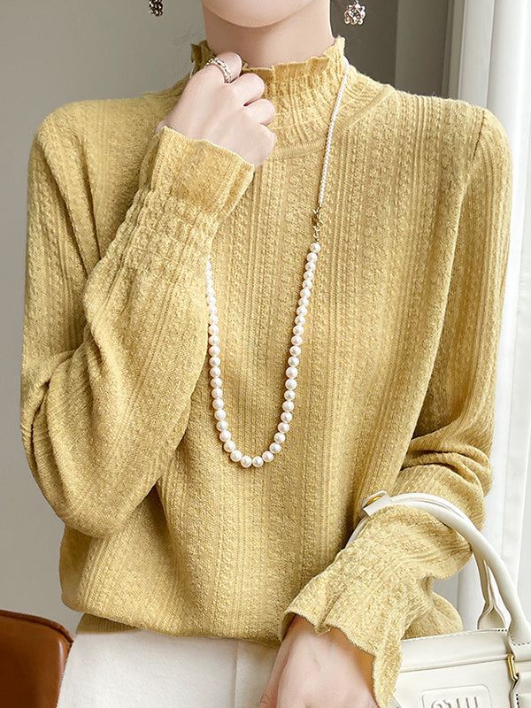 Elasticity Ruffle Trim Solid Color Long Sleeves Loose Mock Neck T-Shirts Tops