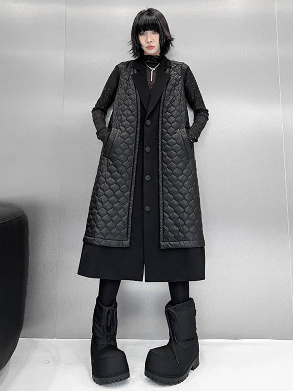 Buttoned Plaid Pockets Solid Color Split-Joint Loose Sleeveless Notched Collar Padded Vest Outerwear
