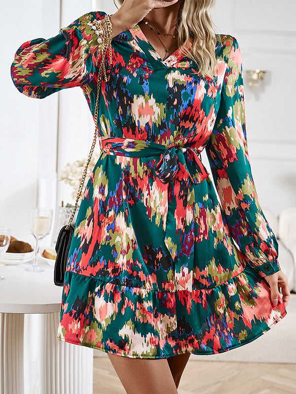 Printed Split-Joint Tied Waist Long Sleeves Loose V-Neck Mini Dresses