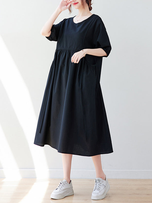 Casual Half Sleeves Loose Elasticity Split-Joint Solid Color Midi Dresses