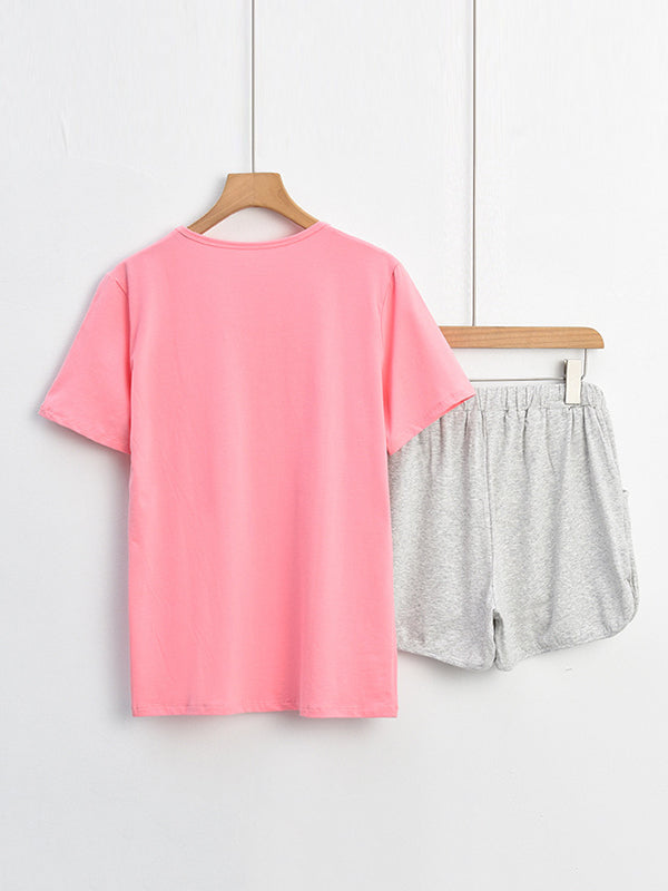 Contrast Color Printed Short Sleeves Round-neck Two Pieces Pajama Set