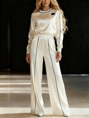 Contrast Color Line Ribs Split-Joint Long Sleeves Loose Round-Neck Blouses&Shirts Tops