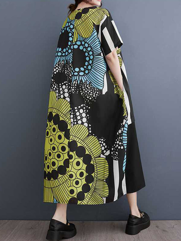 Flower Print Pockets Split-Joint A-Line Loose Round-Neck Midi Dresses