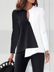 Long Sleeves Loose Contrast Color Split-Joint Round-Neck T-Shirts Tops