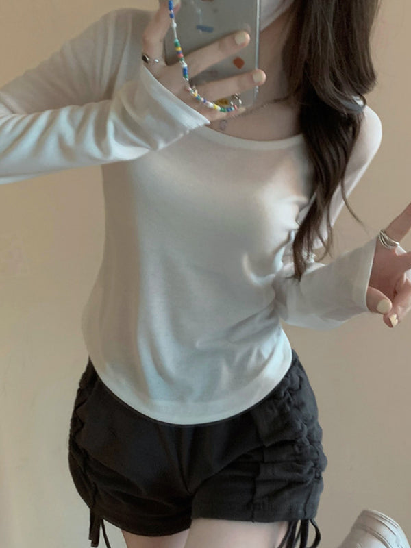 Solid Color Long Sleeves Skinny Square-Neck T-Shirts Tops