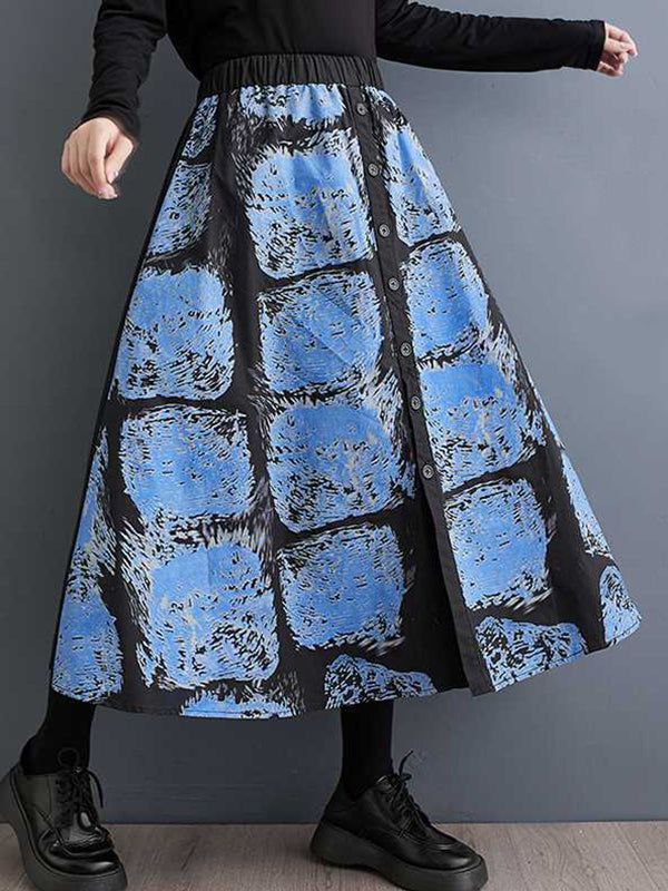 Contrast Color Elasticity Printed Split-Joint A-Line Loose Skirts