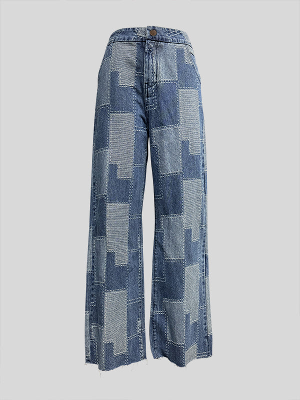 Buttoned Plaid Pockets Split-Joint Loose Wide Leg Jean Pants Bottoms
