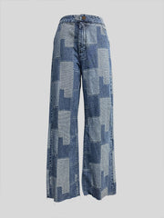 Buttoned Plaid Pockets Split-Joint Loose Wide Leg Jean Pants Bottoms