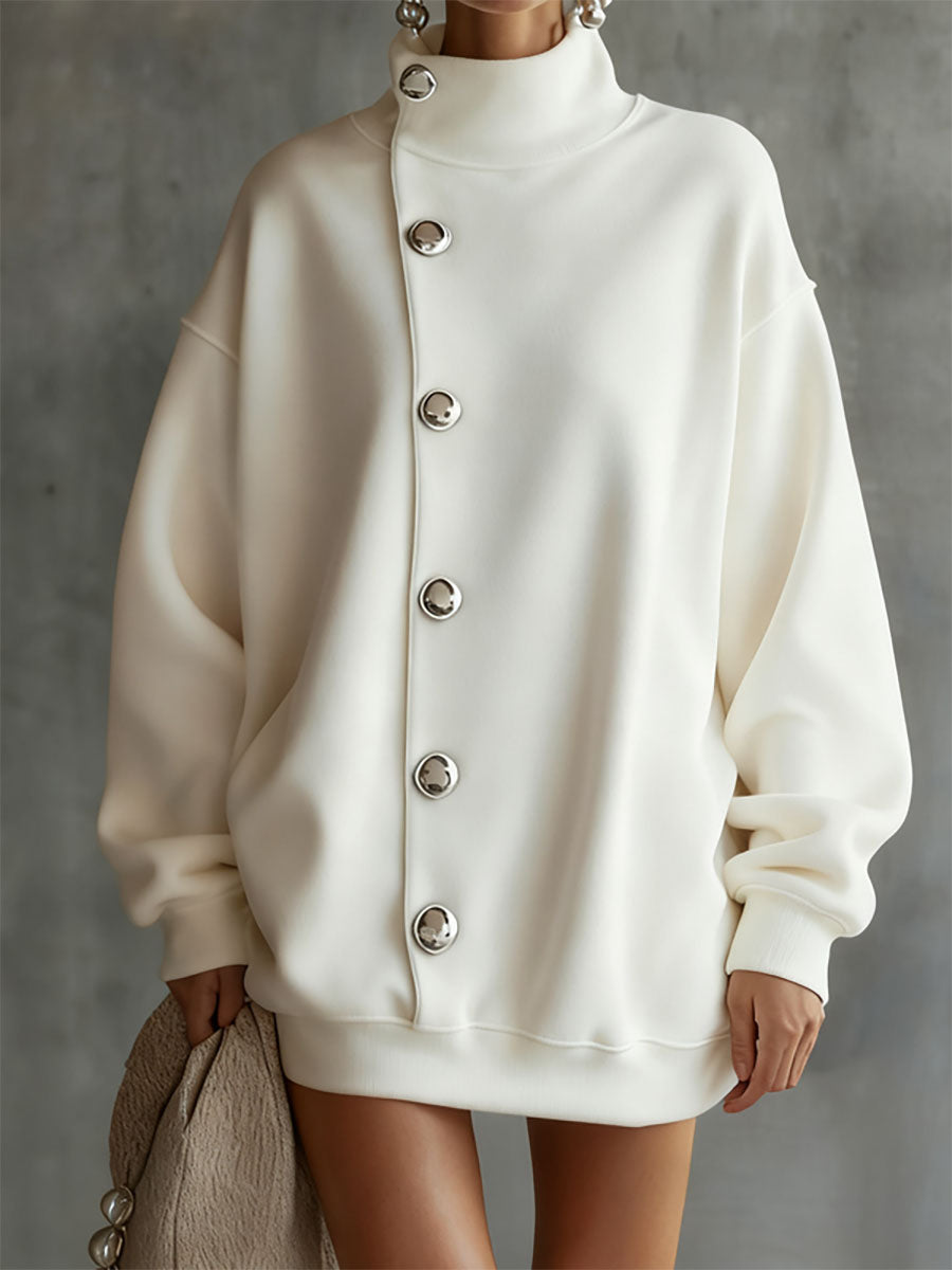 Buttoned Solid Color Split-Joint Long Sleeves Loose High Neck Sweatershirt Mini Dresses