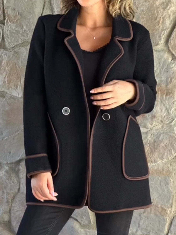 Buttoned Pockets Split-Joint Long Sleeves Loose Notched Collar Woolen Coat