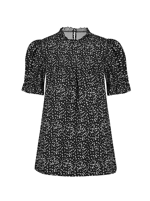 Elastics Floral Printed Split-Joint Bishop Sleeve Stand Collar Blouses&Shirts Tops