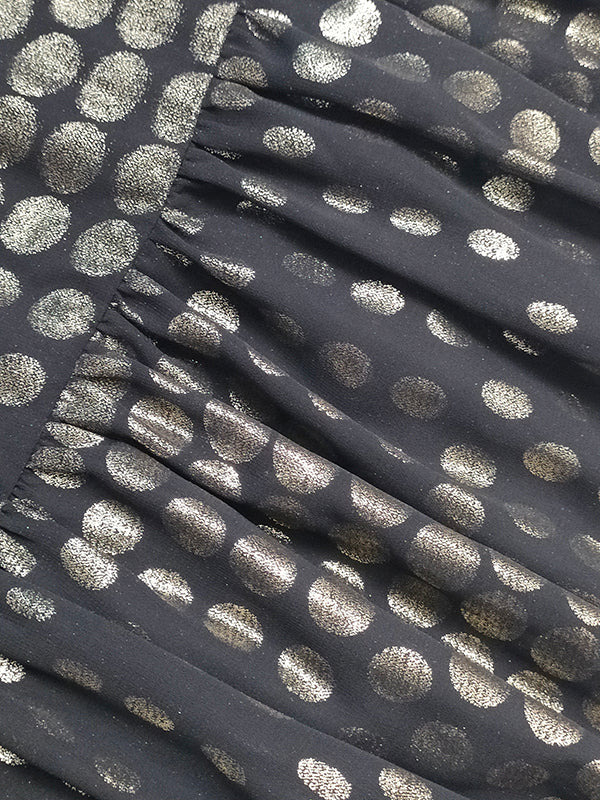 Long Sleeves Puff Sleeves Pleated Polka Dot Shiny Split-Joint High Neck Mini Dresses