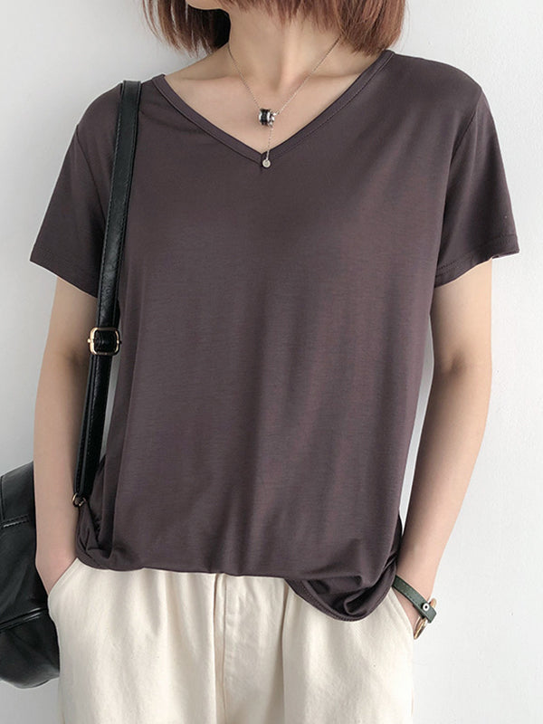 Simple Casual Solid Color V-Neck Short Sleeves T-Shirt Top
