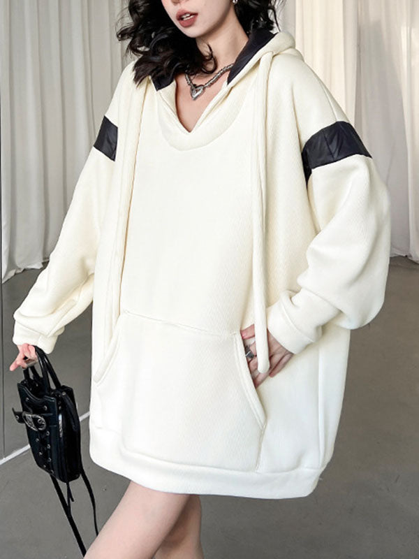 Contrast Color Drawstring Pockets Velvet Long Sleeves Loose Hoodies Tops