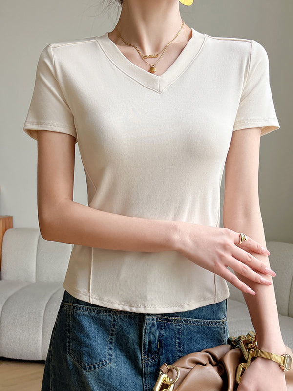 Solid Color Split-Joint Short Sleeves Skinny V-Neck T-Shirts