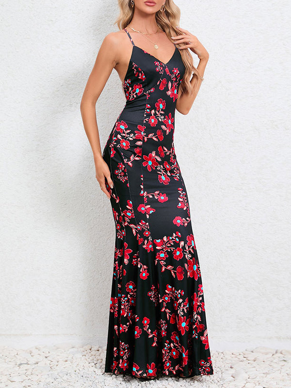 Flower Print Split-Joint Bodycon Mermaid Spaghetti-Neck Maxi Dresses