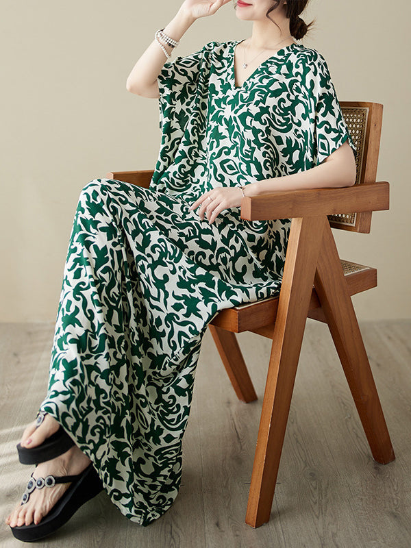 Floral Printed Batwing Sleeves Loose V-Neck Maxi Dresses