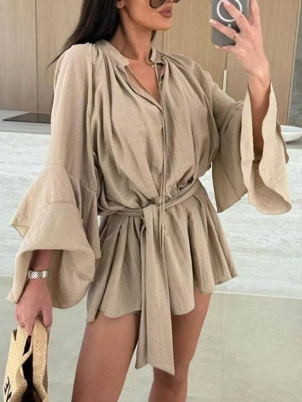 Lace-Up Pleated Solid Color Split-Joint Tiered Flared Sleeves Loose Round-neck Mini Dresses