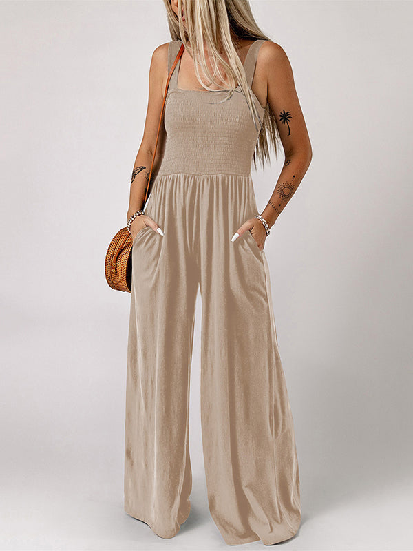 Pleated Solid Color Sleeveless Wide Leg Square-Neck Jumpsuits