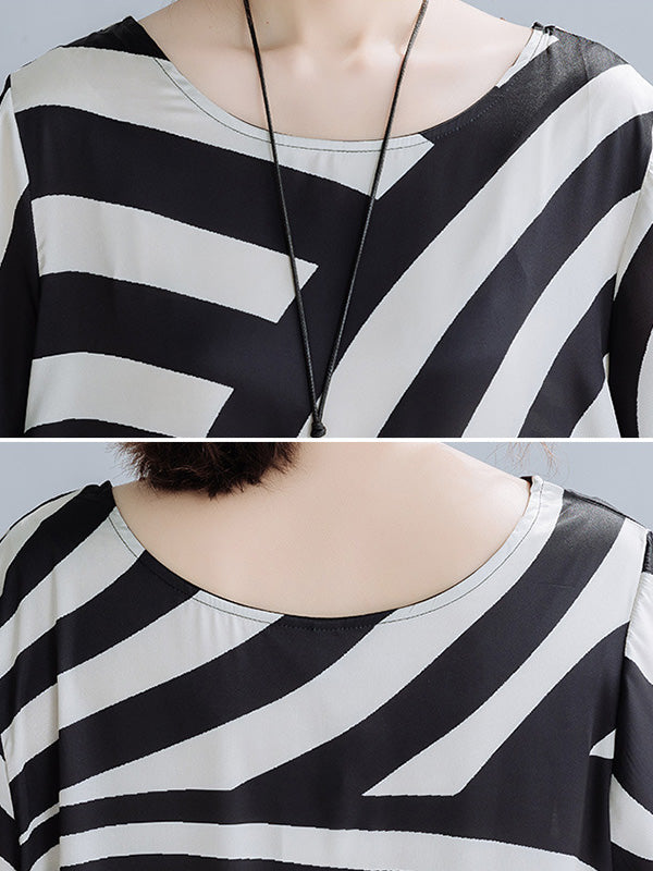 Original Striped Irregularity Round-Neck Midi Dress