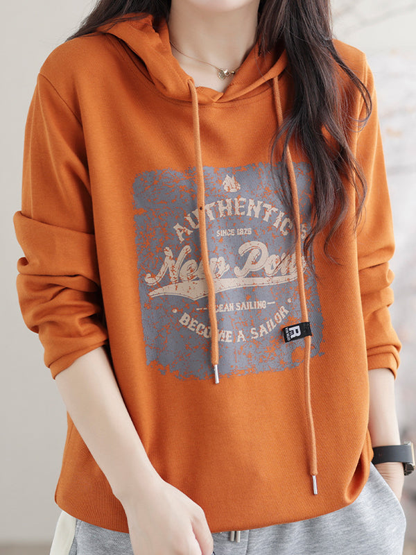Drawstring Printed Long Sleeves Loose Hoodies Tops