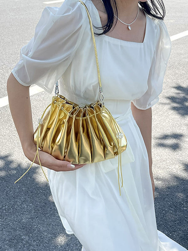 Chains Drawstring Shell Ruffled Zipper Crossbody Bags Accessories