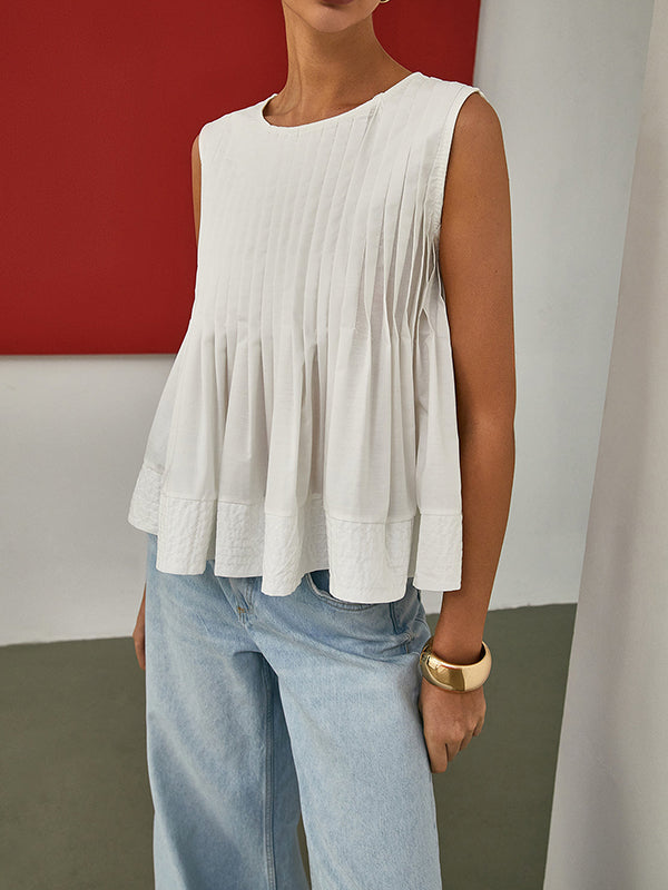 Pleated Solid Color Split-Joint Zipper Loose Sleeveless Round-neck Vest Top