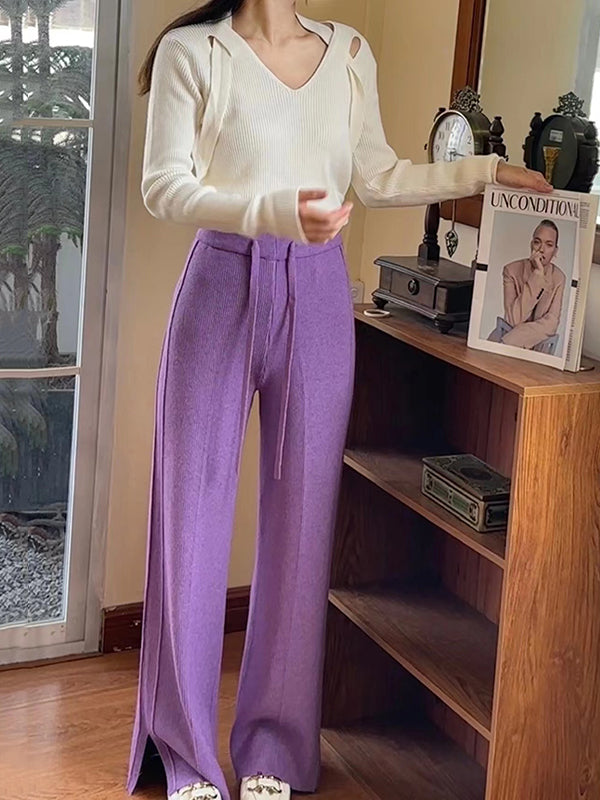 Drawstring Solid Color Split-Side Velvet High Waisted Loose Trousers Pants