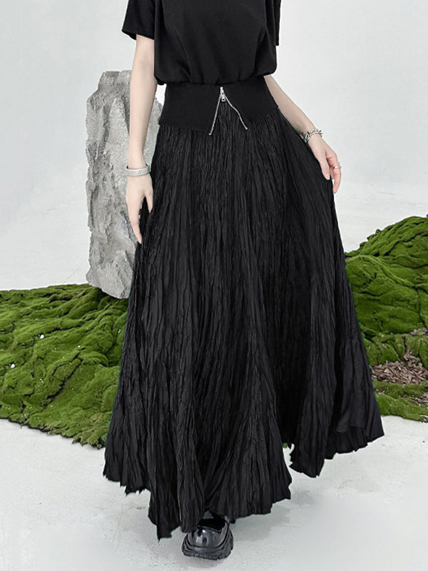 High-Waisted Pleated Solid Color A-Line Irregular Clipping Skirts