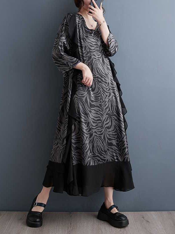 Ruffled Split-Joint Zebra-Stripe A-Line Batwing Sleeves V-Neck Midi Dresses
