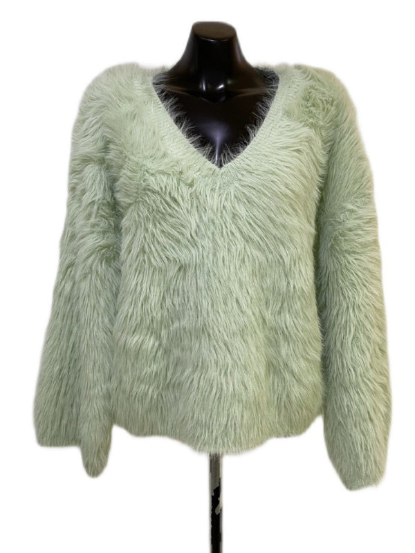 Original Creation Long Sleeves Loose Solid Color V-Neck Sweater Tops