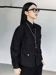 Simple Black Lapel Pockets Blouse