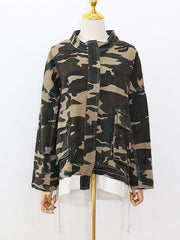 Camouflage Drawstring Pockets Split-Joint False Two Long Sleeves Mock Neck Outerwear