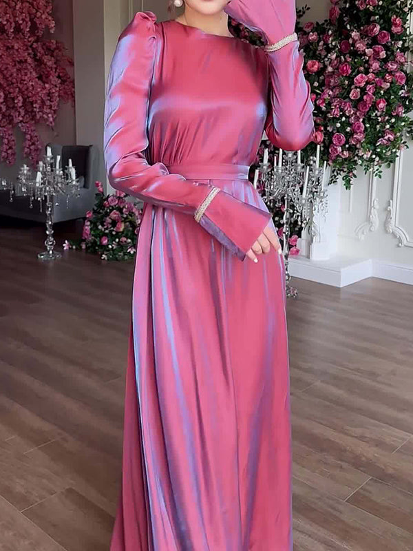 Pleated Solid Color Tied Waist Zipper A-Line Long Sleeves Round-Neck Maxi Dresses
