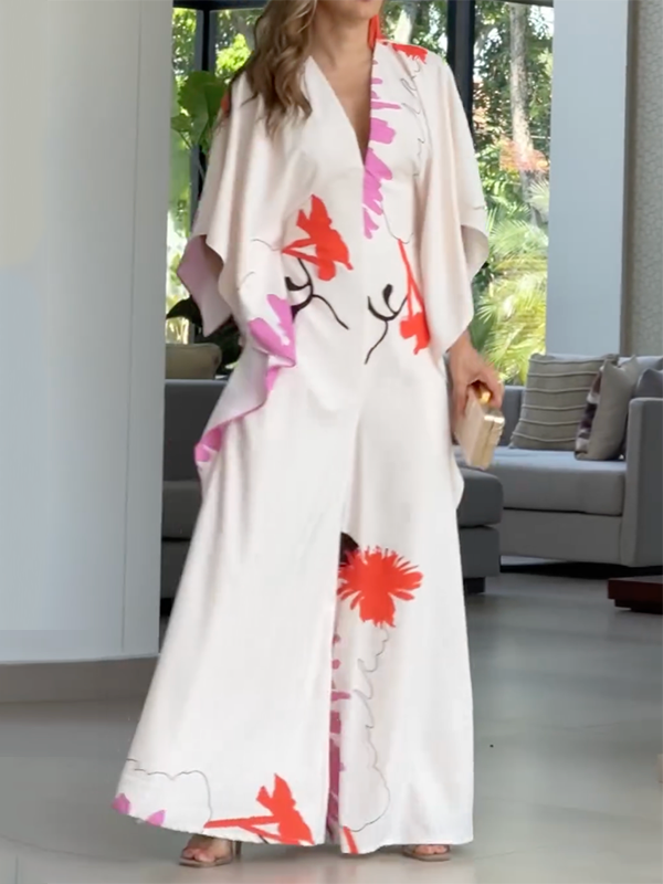 Printed Loose Wide Leg V-neck Jumpsuits